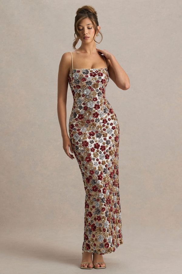 Vitora | Vestido largo rojo de lentejuelas con adornos florales y escote cuadrado