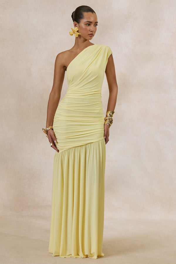 Alaya | Vestido largo color limón con cuello asimétrico y cintura caída