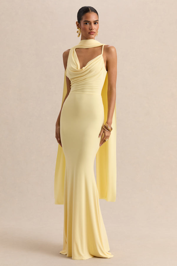 Armelia | Vestido largo amarillo limón con escote drapeado y detalle de pañuelo