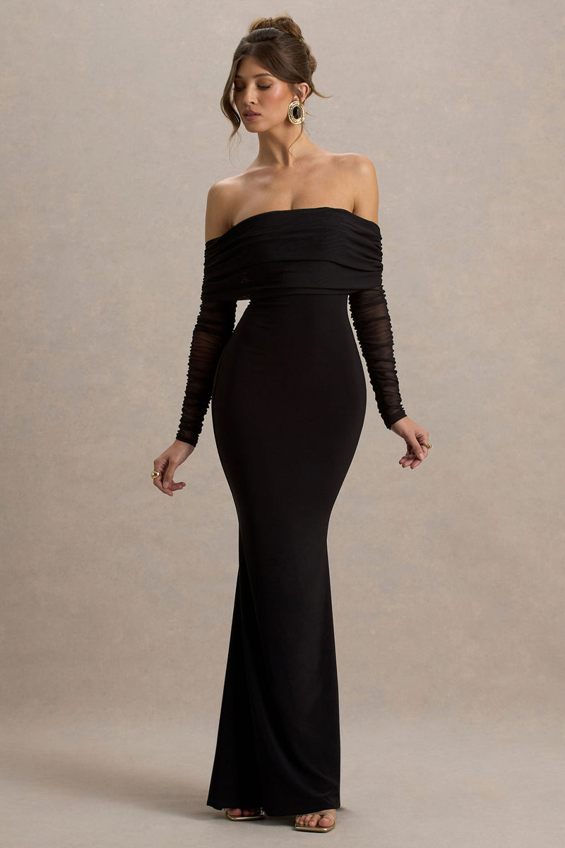 Madeleine | Vestido maxi negro de corte sirena con mangas largas de malla estilo Bardot