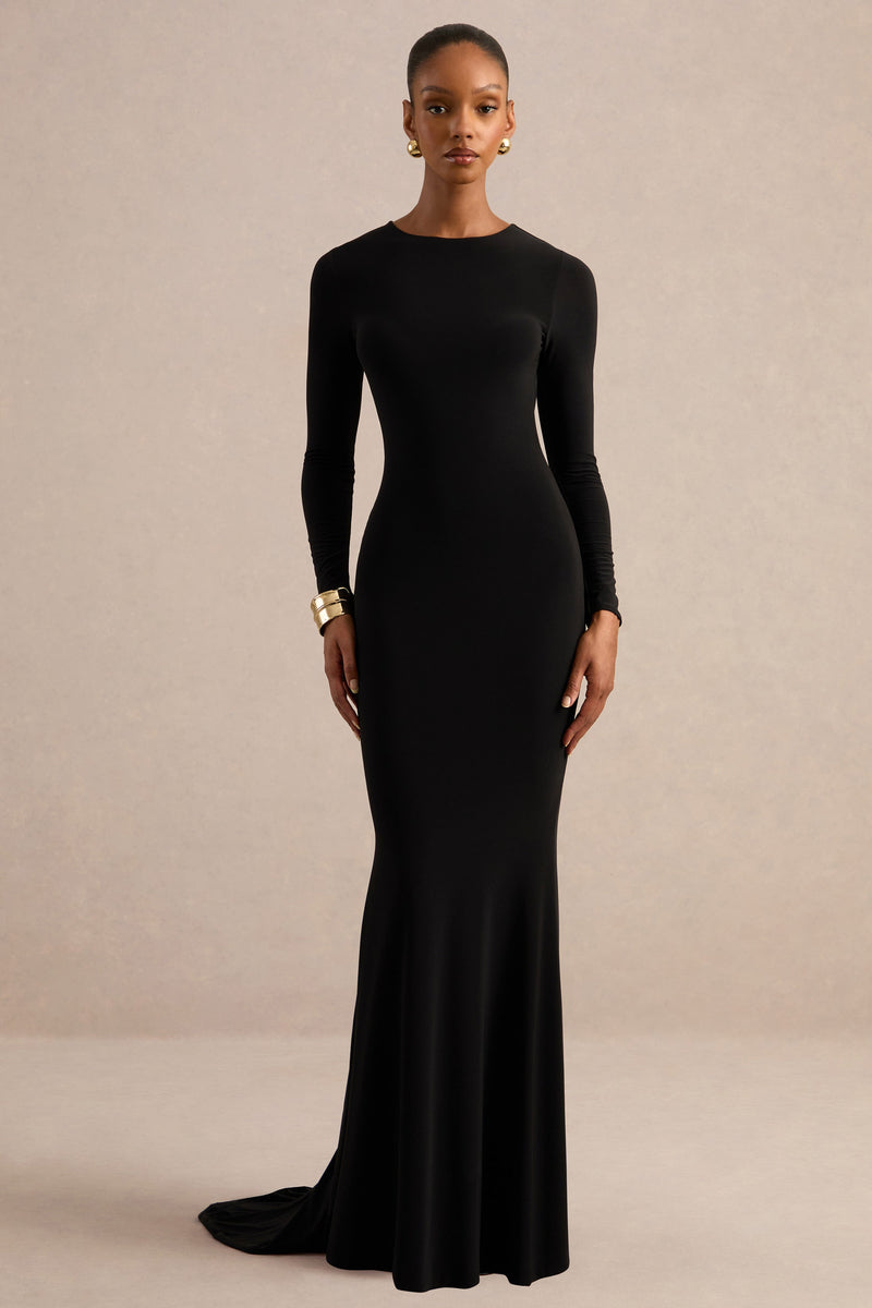 Un paso adelante | Vestido maxi negro de manga larga, espalda descubierta y corte sirena