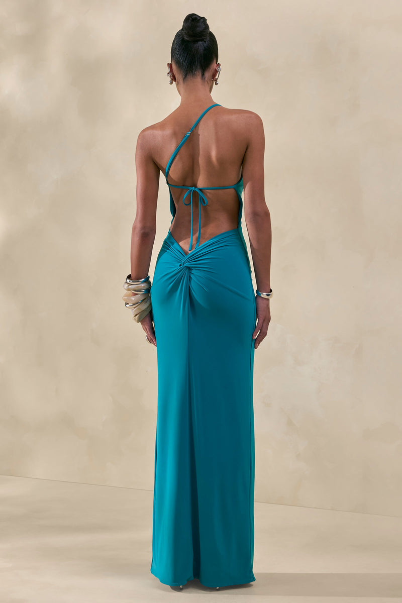 Dressing Up | Vestido largo turquesa de un solo hombro con detalle de espalda descubierta