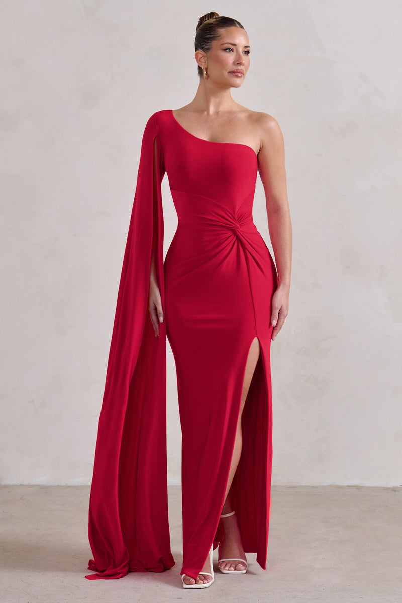Romi | Vestido largo rojo de un solo hombro con diseño retorcido