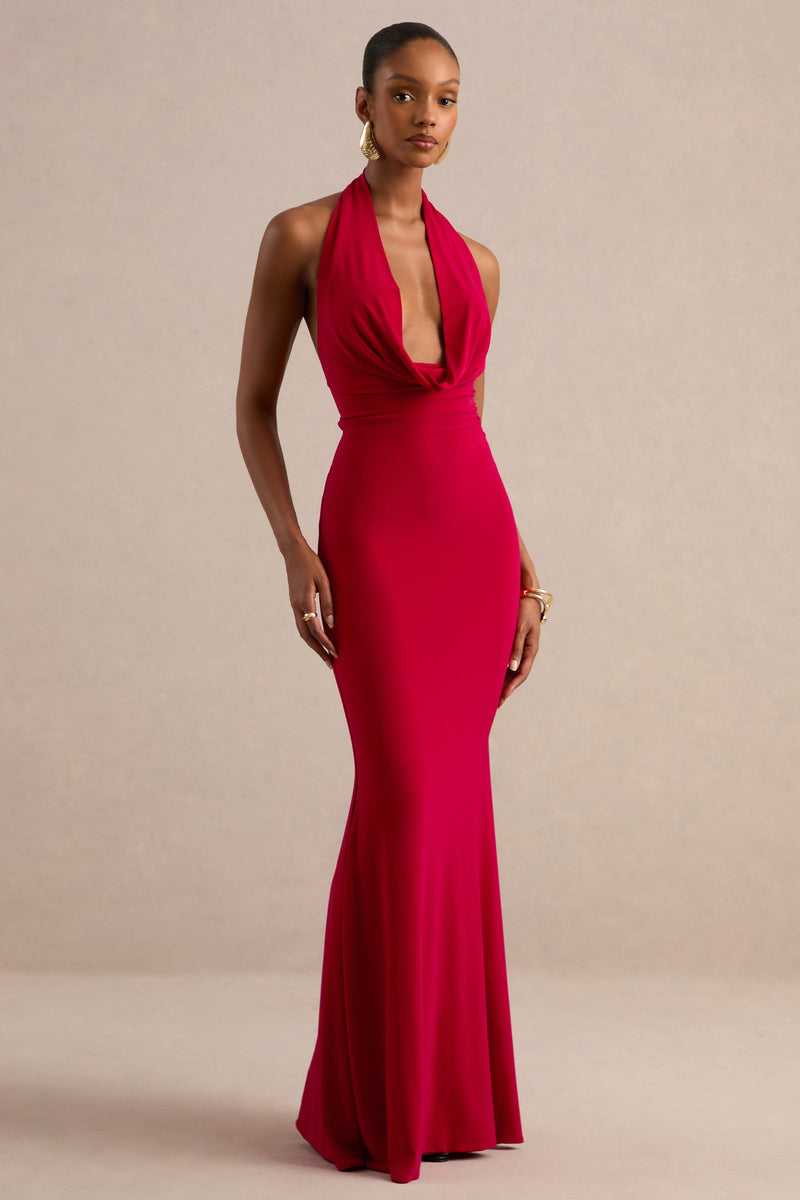 Milani | Vestido maxi rojo de escote drapeado, espalda descubierta y corte sirena