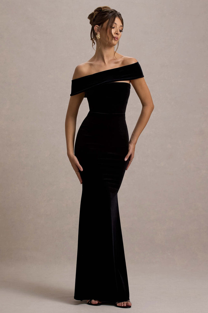 Candela | Vestido largo asimétrico de terciopelo negro estilo Bardot