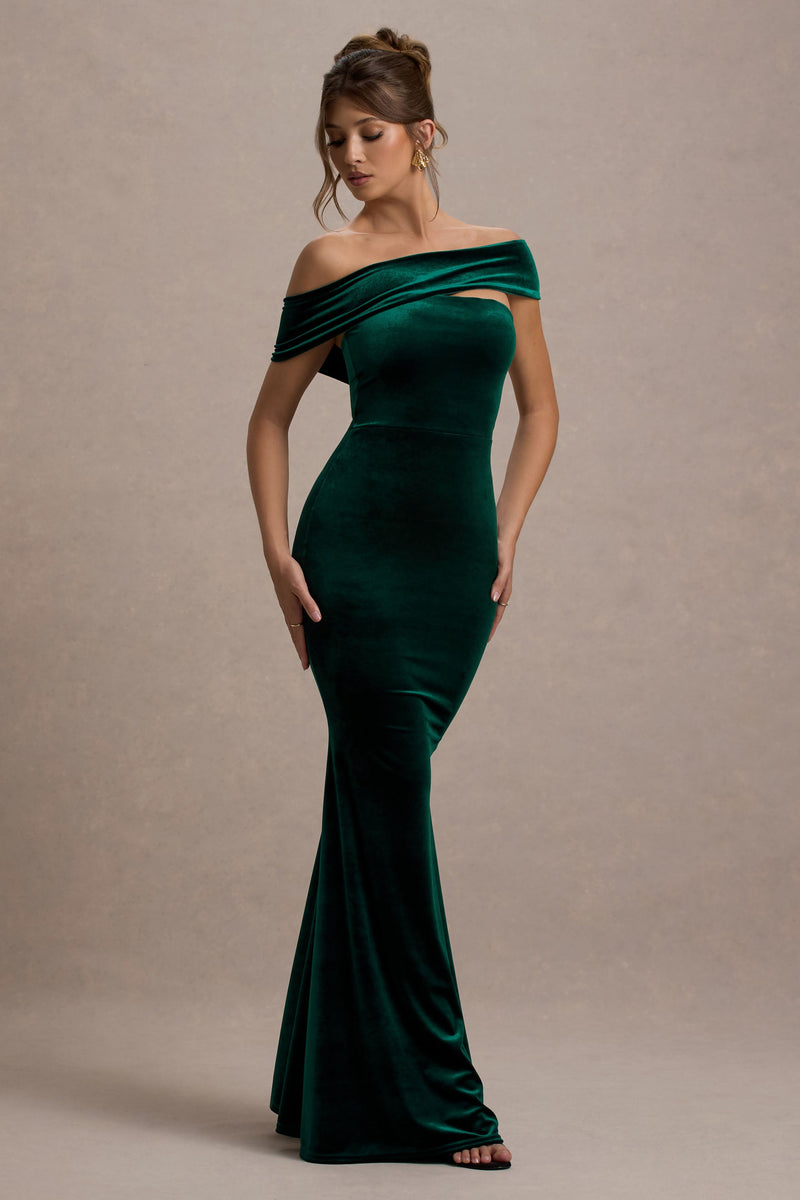 Candela | Vestido largo asimétrico de terciopelo verde botella con escote Bardot