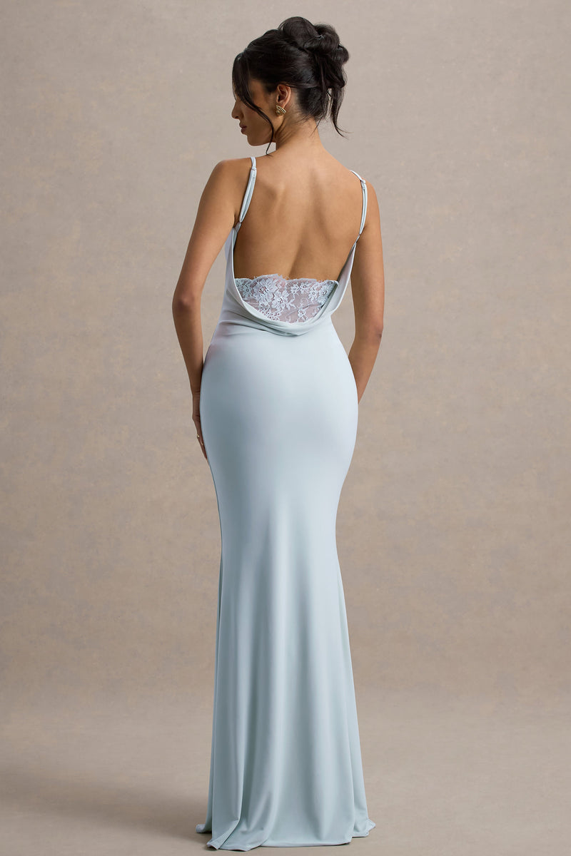 Francoise | Vestido largo azul claro con cuello drapeado, espalda descubierta e inserción de encaje
