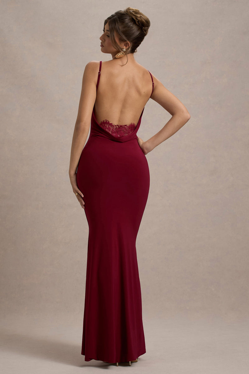 Francoise | Vestido maxi color baya con cuello drapeado, espalda descubierta e inserción de encaje