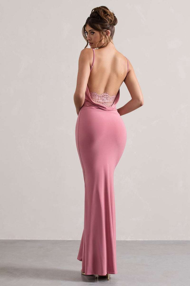 Francoise | Vestido maxi rosa empolvado con cuello drapeado, espalda descubierta e inserción de encaje