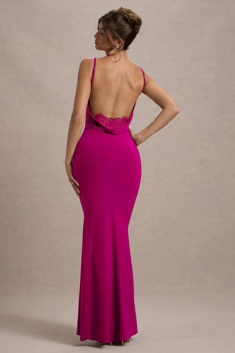 Francoise | Vestido maxi rosa oscuro con cuello drapeado, espalda descubierta e inserción de encaje