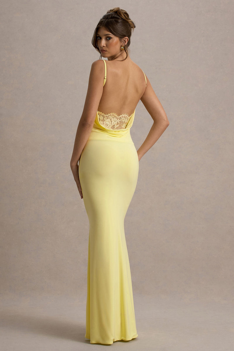 Francoise | Vestido maxi color limón con cuello drapeado, espalda descubierta e inserción de encaje