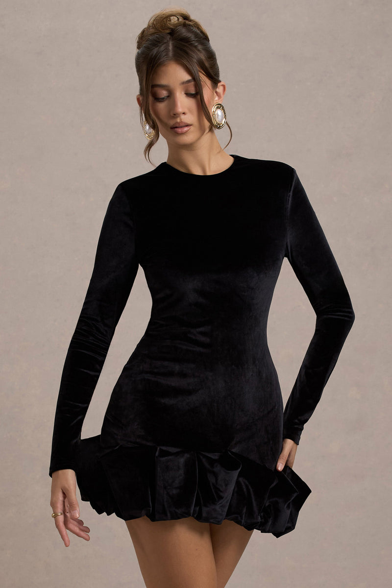 Claudine | Minivestido negro de terciopelo con mangas largas y volantes