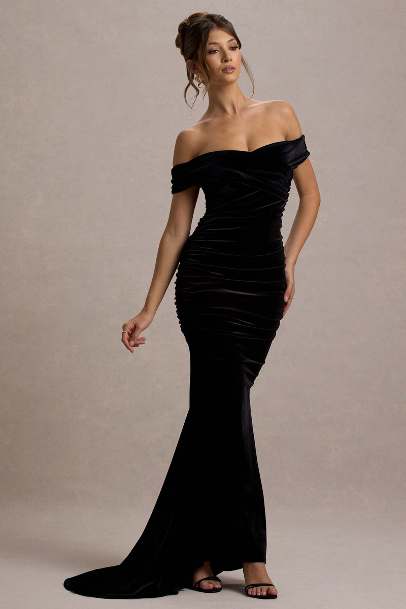 Apolline | Vestido maxi negro de terciopelo con hombros descubiertos, fruncido y corte sirena