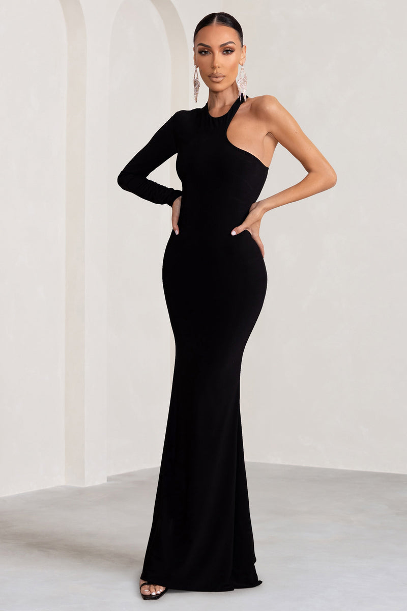 Tyra | Vestido largo negro con escote asimétrico con abertura y detalle de espalda descubierta