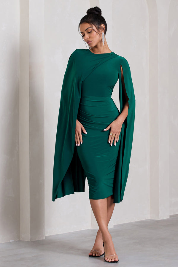 Marysol | Vestido midi asimétrico tipo capa en verde botella