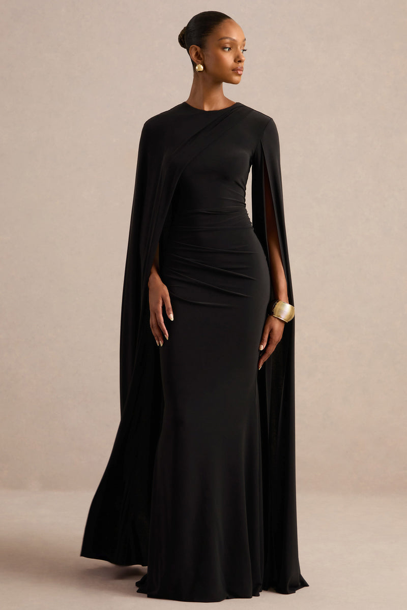 Magdelena | Vestido maxi negro asimétrico tipo capa