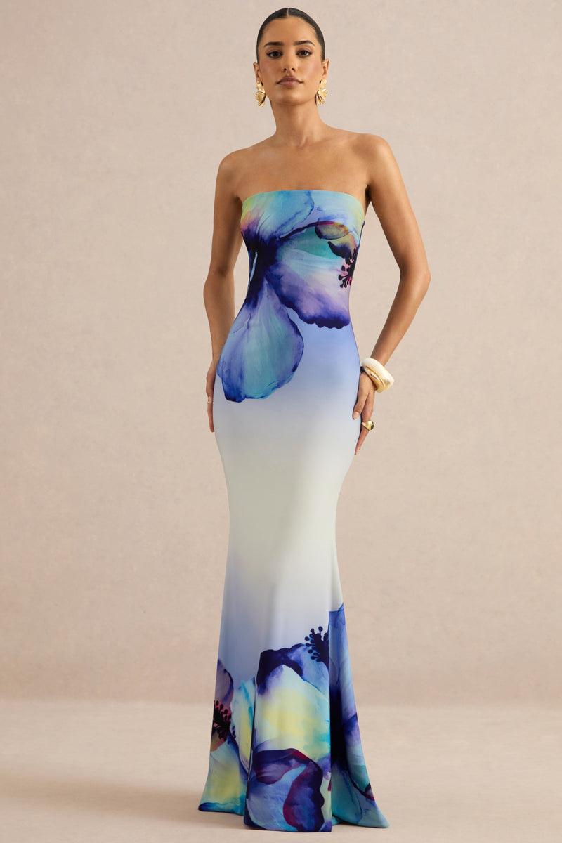 Ceremony | Vestido largo tipo bandeau con estampado floral degradado en azul