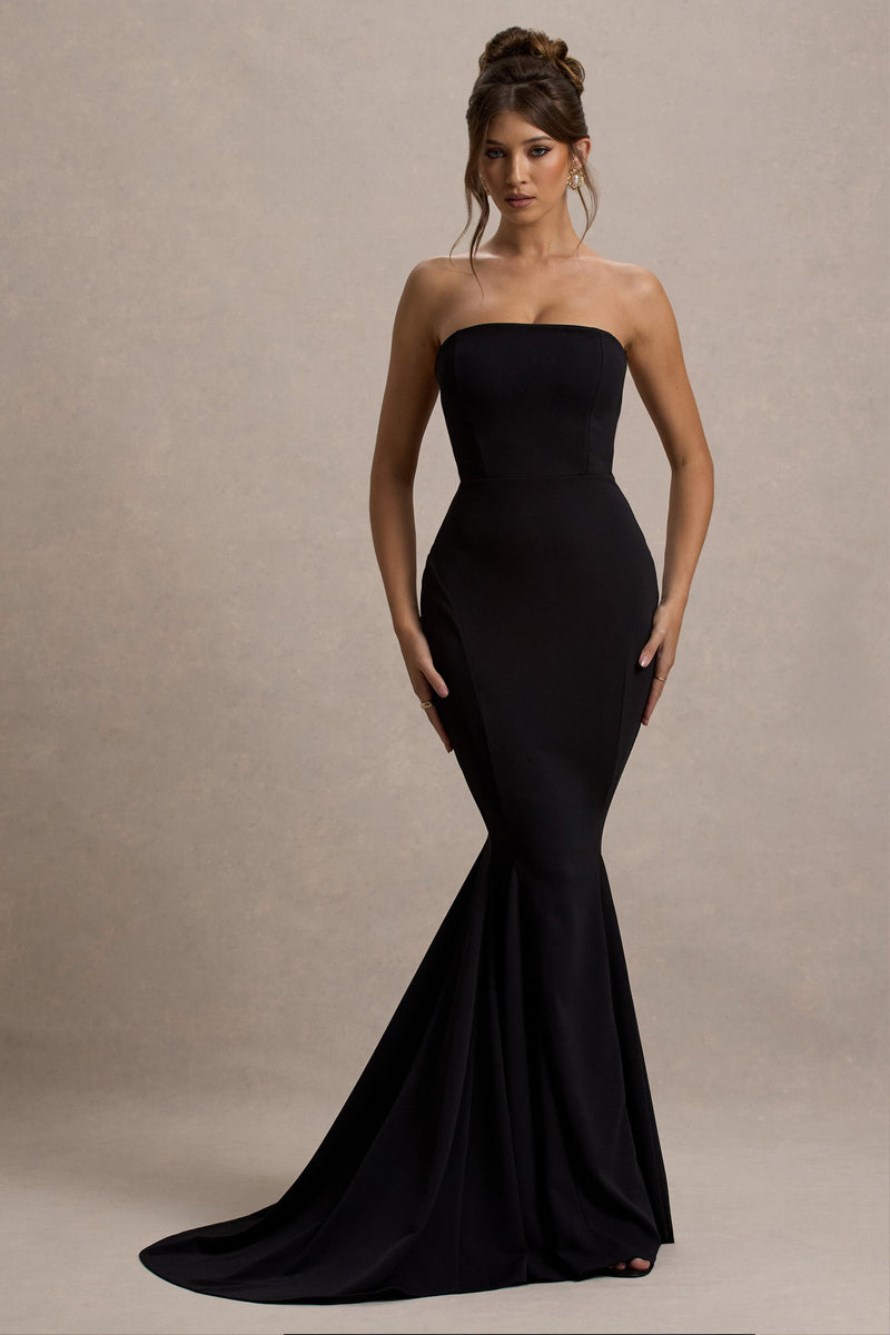 Impresióname | Vestido maxi negro sin tirantes, tipo bandeau, con corte sirena