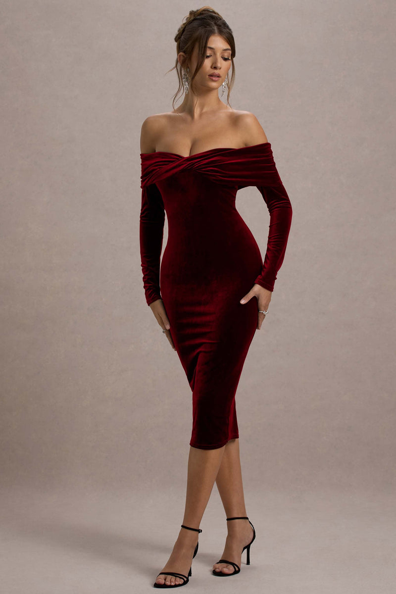 Compliment | Vestido midi de terciopelo color baya con escote Bardot