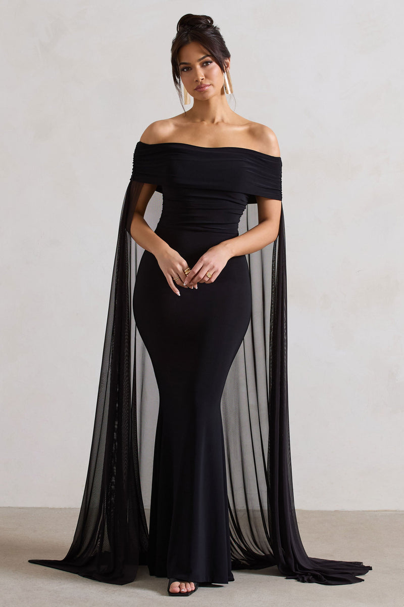 Carlotta | Vestido maxi negro con escote Bardot y capa de gasa