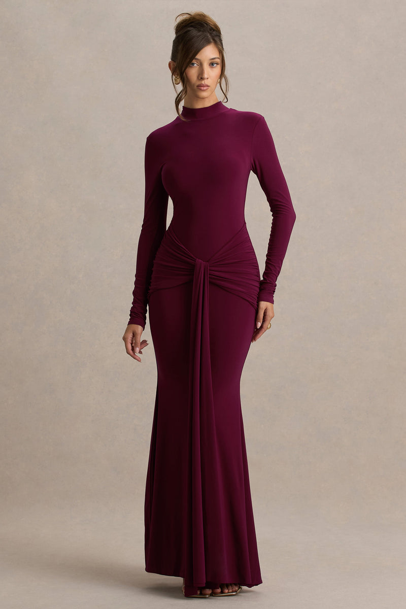 Pietra | Vestido maxi de manga larga con cuello alto y nudo color baya