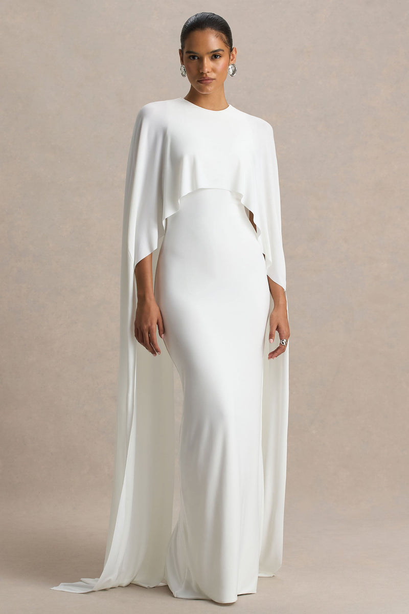 Padma | Vestido maxi blanco drapeado con mangas tipo capa