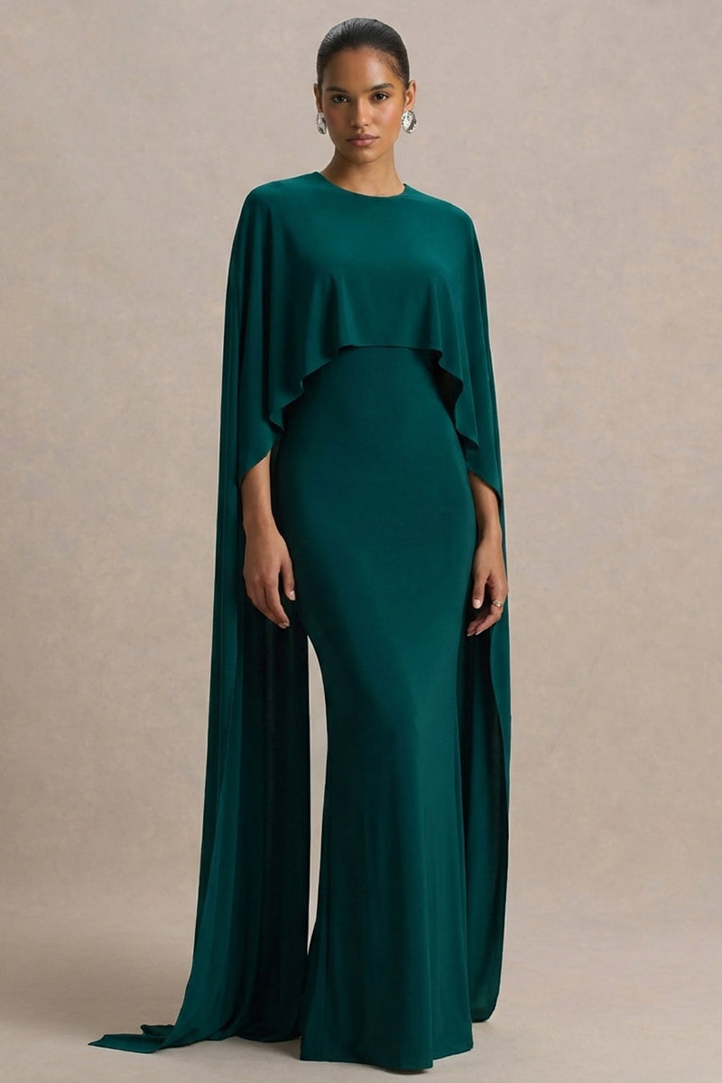 Padma | Vestido maxi drapeado verde botella con mangas tipo capa