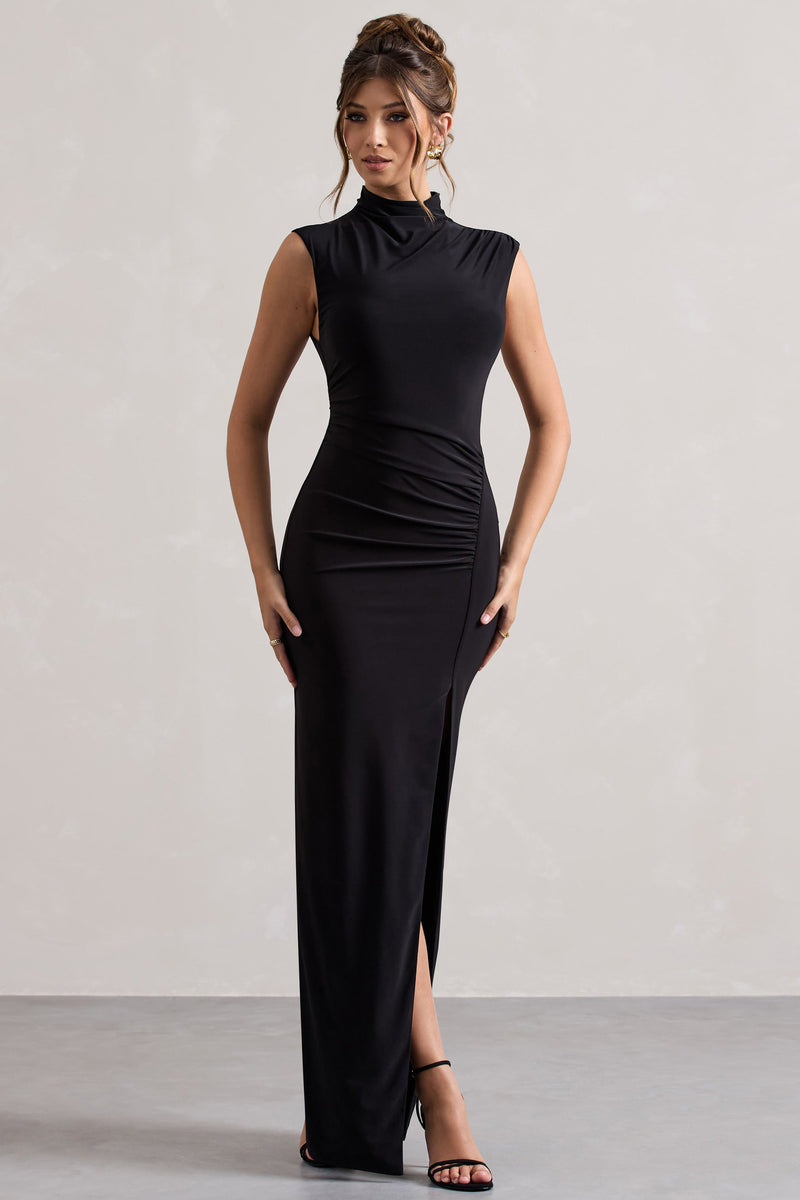 Lanetta | Vestido maxi negro de cuello alto fruncido con abertura