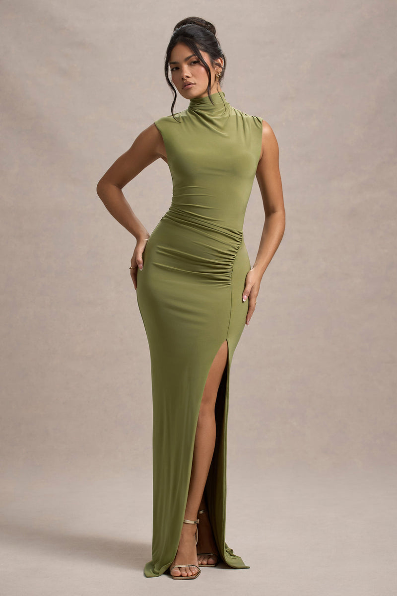 Lanetta | Vestido largo oliva fruncido de cuello alto con abertura