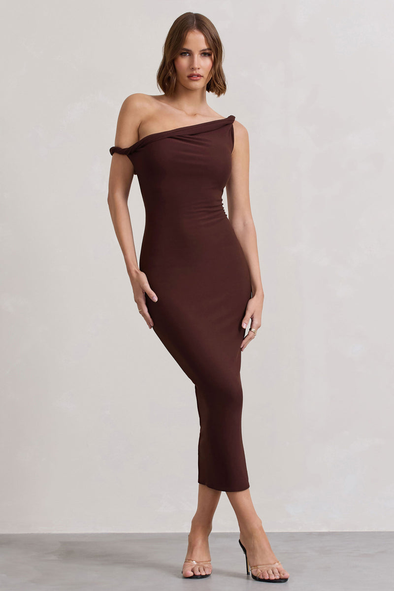 Salome | Vestido midi asimétrico con detalle retorcido en marrón chocolate