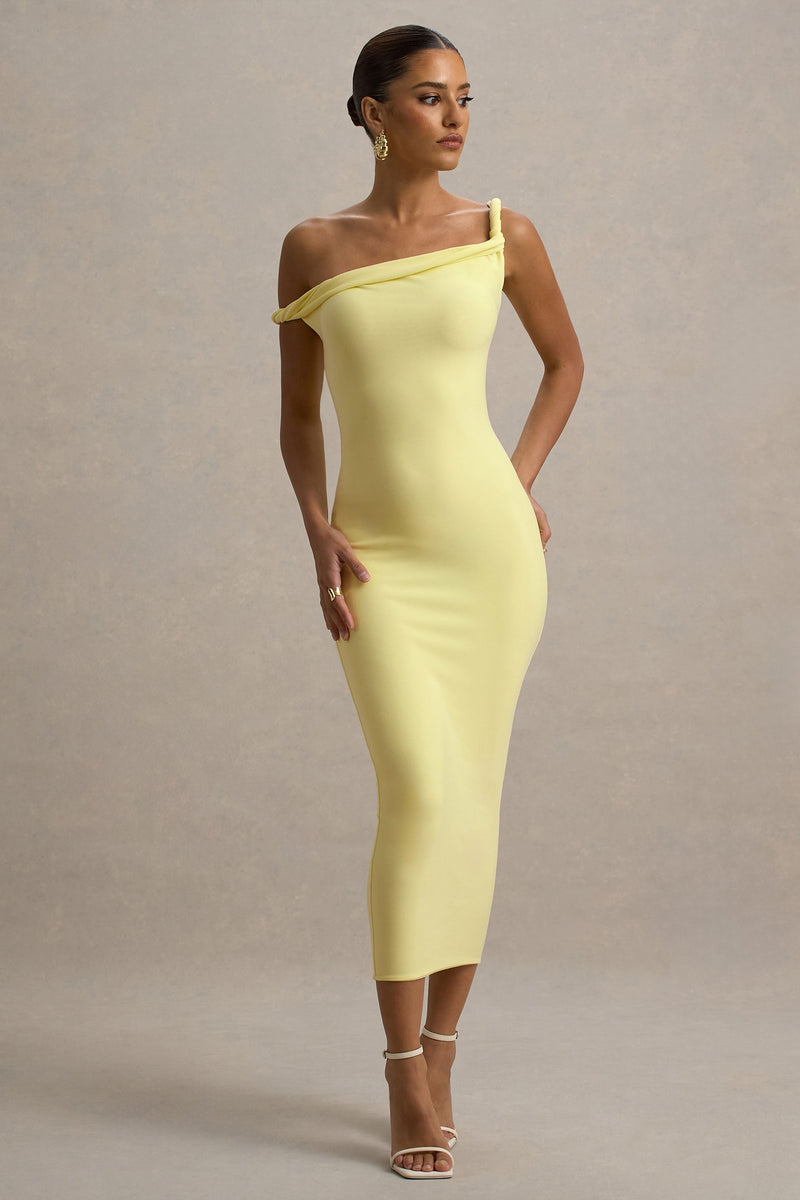 Salome | Vestido midi asimétrico amarillo limón con detalle retorcido