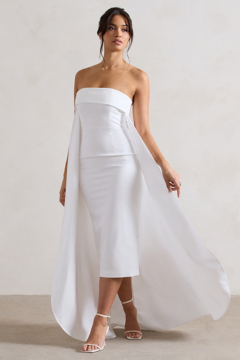 Reserva la fecha | Vestido midi color crema palabra de honor con cola