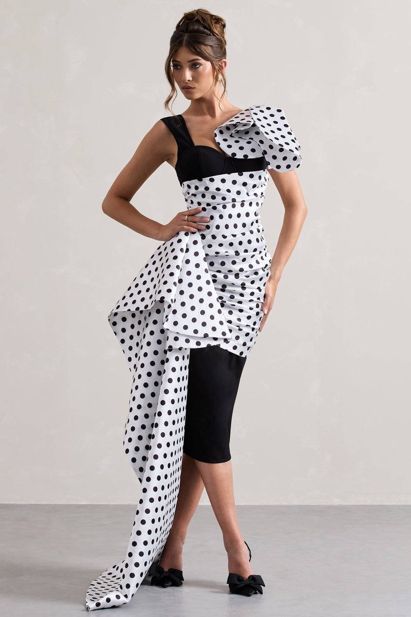 Inalcanzable | Vestido midi negro de lunares, cruzado y con drapeado voluminoso