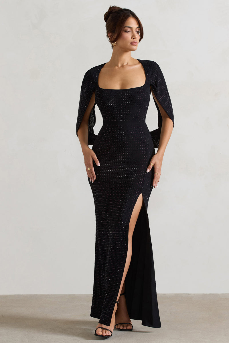 Broadway | Vestido maxi negro de corte sirena con pedrería y mangas tipo capa