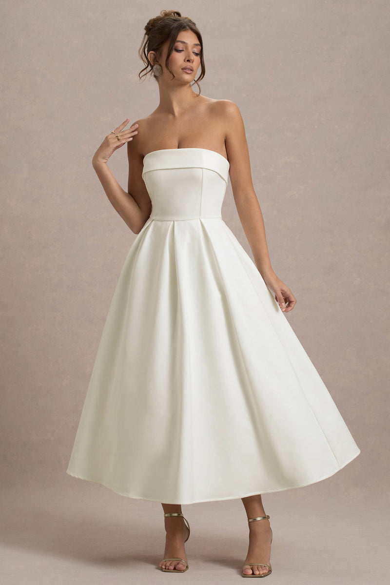 Annalise | Vestido midi de corte skater color crudo con escote bandeau