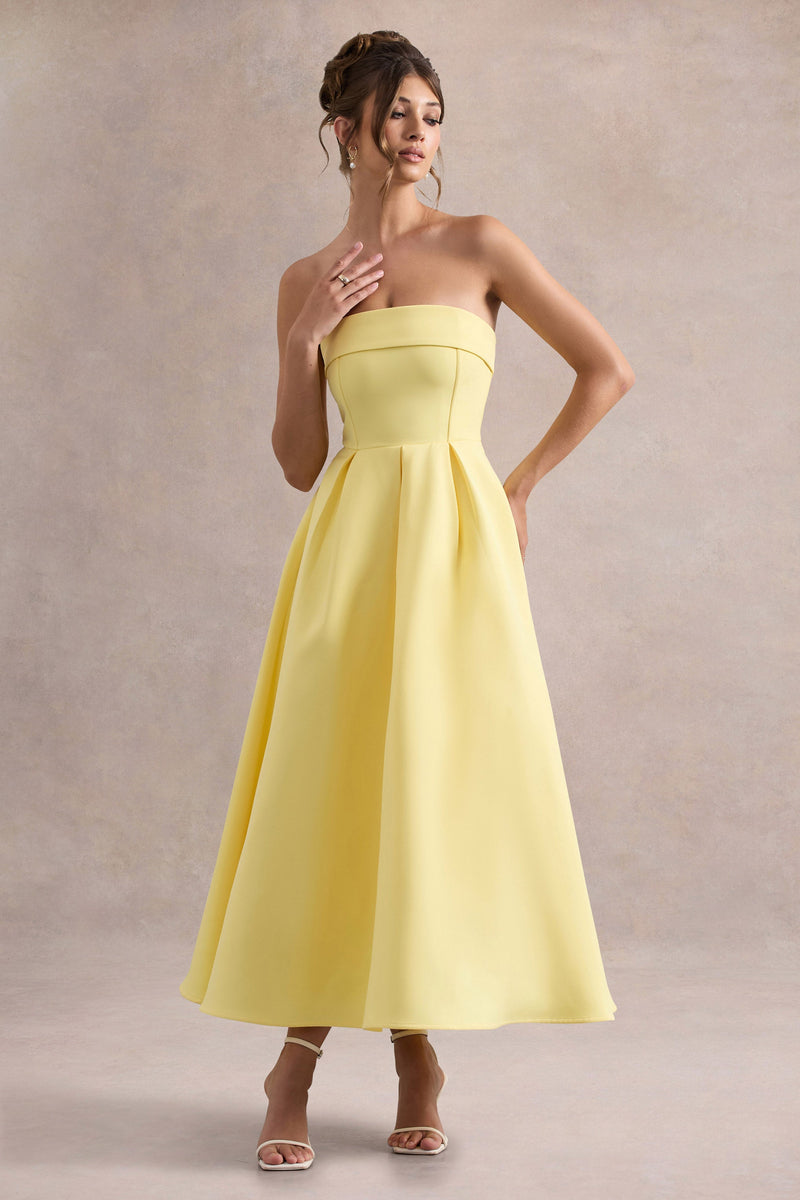Annalise | Vestido midi de corte skater amarillo limón con escote palabra de honor