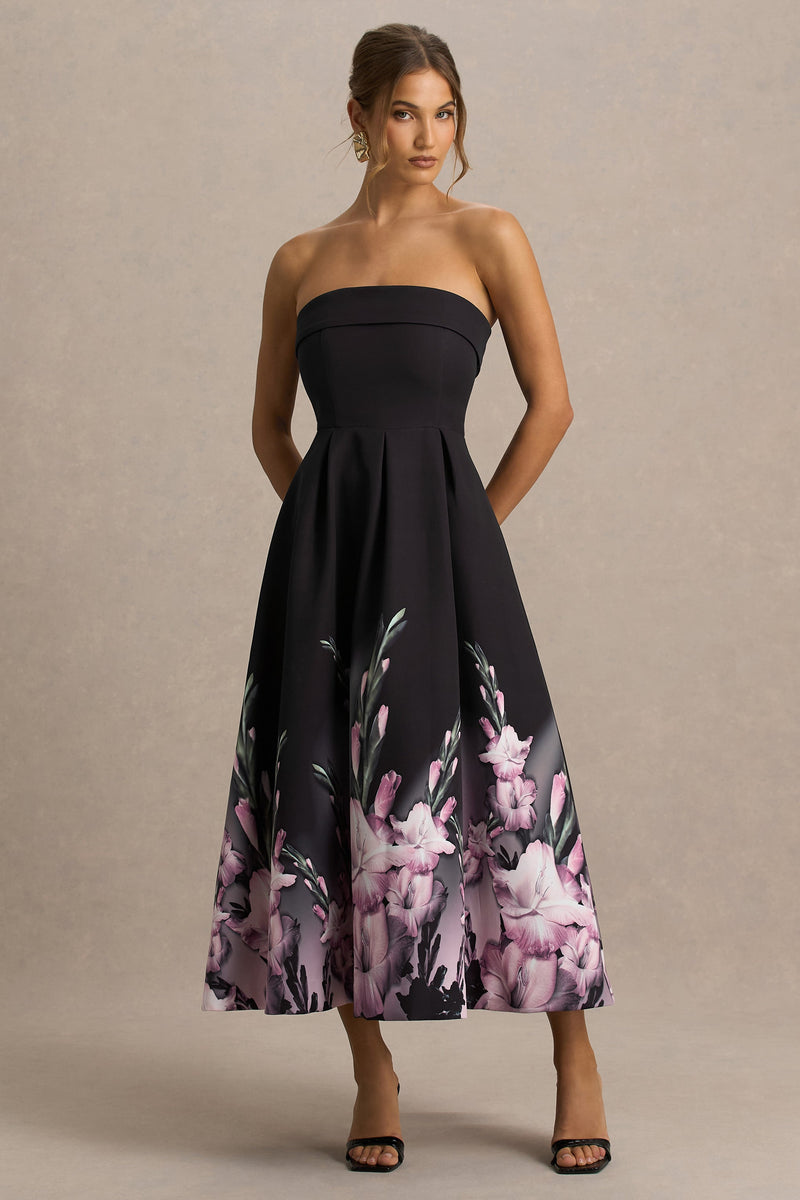 Annalise | Vestido midi palabra de honor con estampado de borde rosa