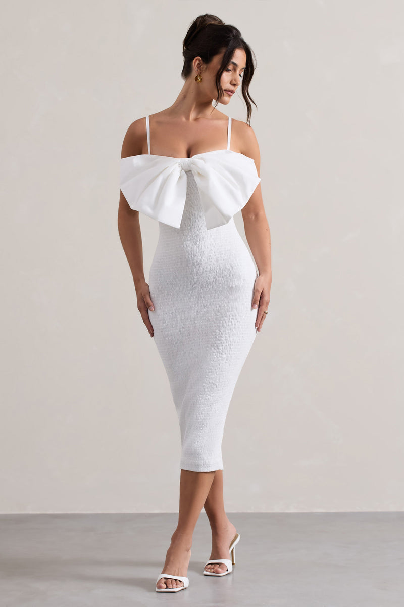 Poema de amor | Vestido midi blanco ceñido con lazo extragrande