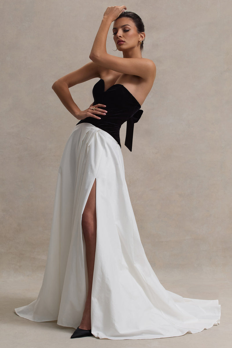 Lucienne | Vestido largo tipo corsé negro y crema con escote corazón y abertura