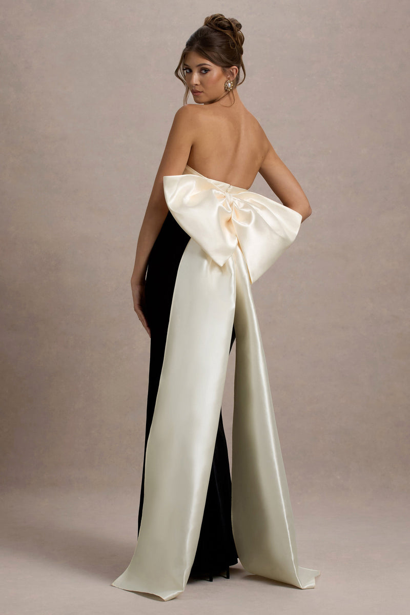 Haz una reverencia | Vestido largo de terciopelo negro y crema, sin tirantes, con lazo extragrande