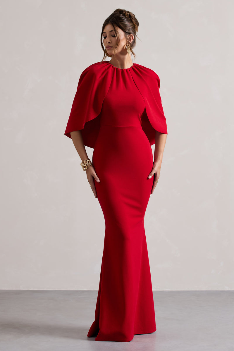 Kianne | Vestido largo rojo drapeado de manga corta