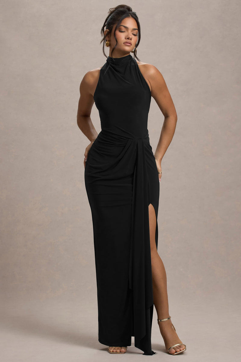 Khari | Vestido largo negro de cuello alto con diseño retorcido y drapeado