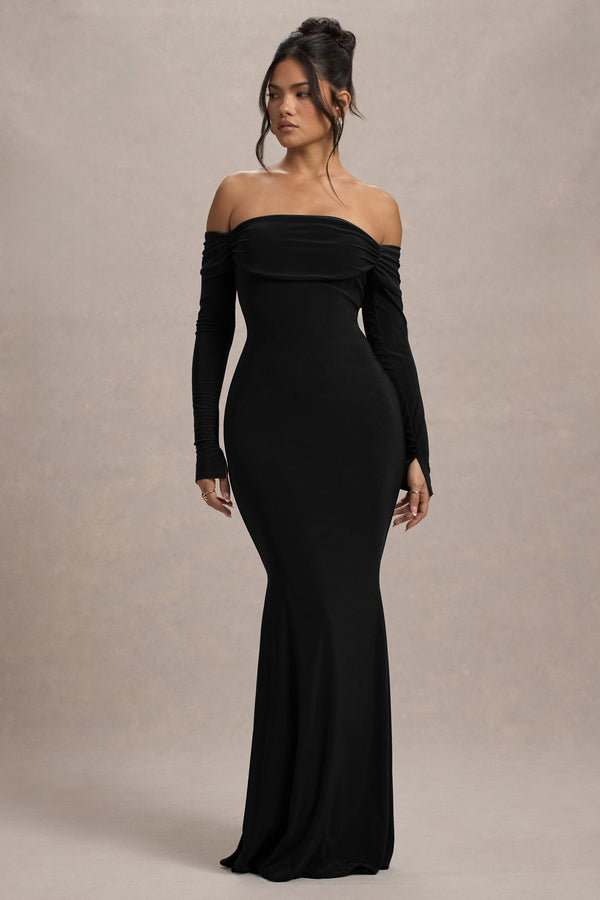 Amaia | Vestido largo negro de manga larga con escote Bardot