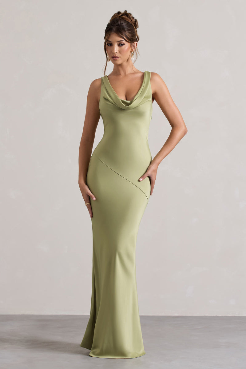 Alesso | Vestido largo de satén verde oliva claro con escote drapeado