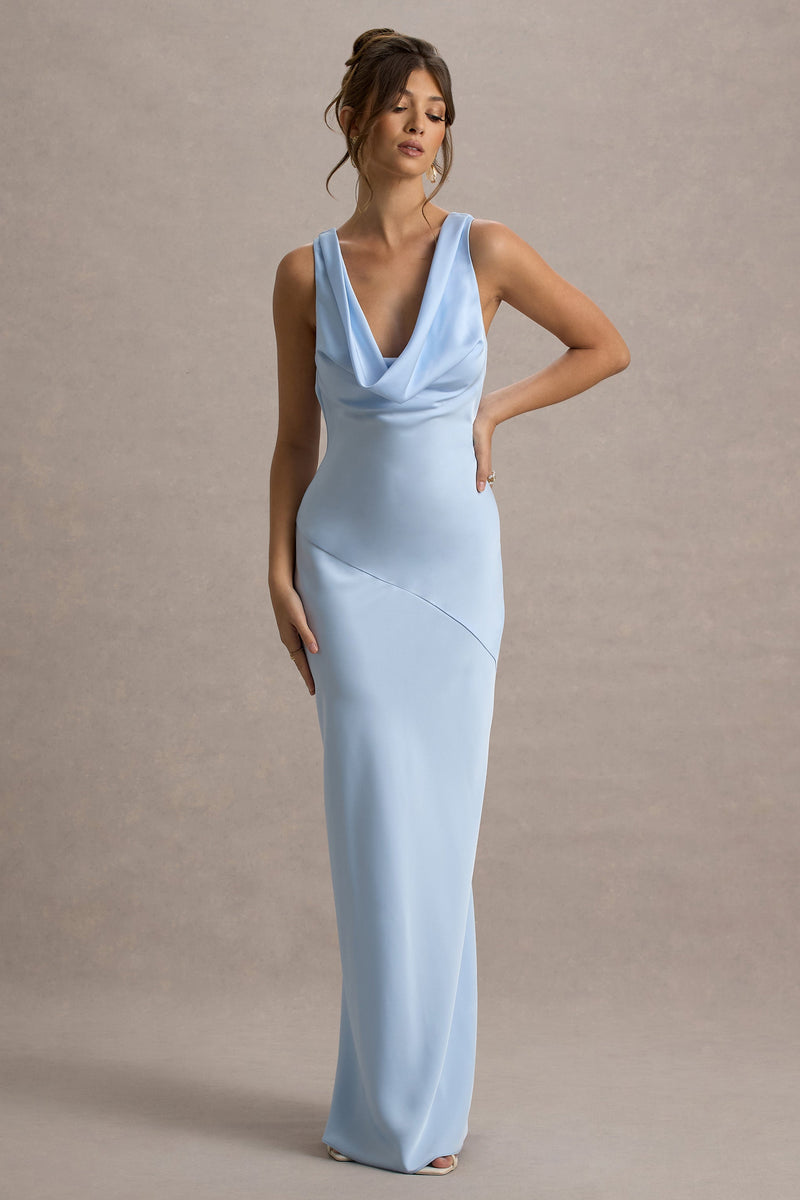 Alesso | Vestido maxi lencero de satén azul empolvado con escote drapeado