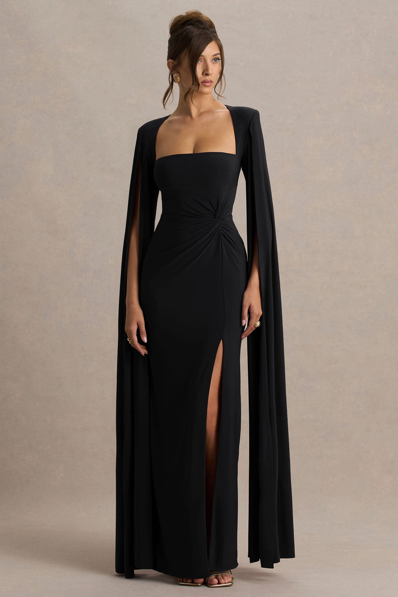 Claretta | Vestido largo negro de escote cuadrado con detalle retorcido y mangas tipo capa