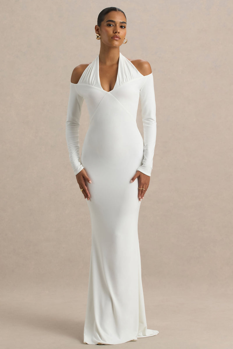 Living High | Vestido maxi blanco de cuello halter con mangas largas