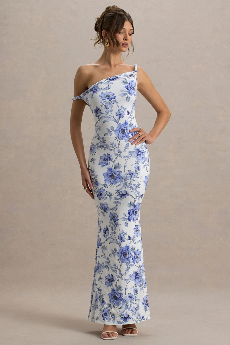 Lita | Vestido largo asimétrico con estampado floral azul y detalle retorcido