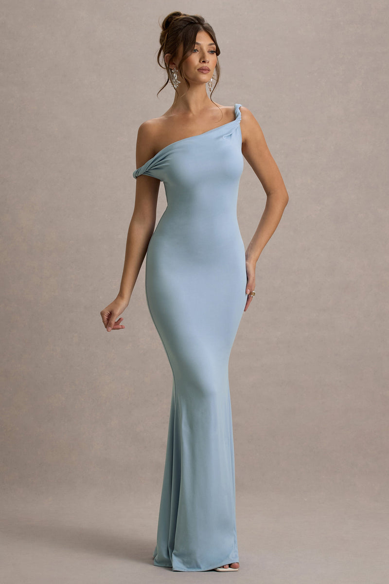 Lita | Vestido largo asimétrico azul empolvado con diseño retorcido
