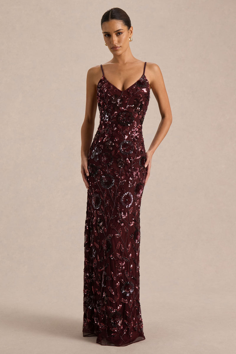 Gemini | Vestido maxi de tirantes burdeos con estampado floral y adornos de lentejuelas